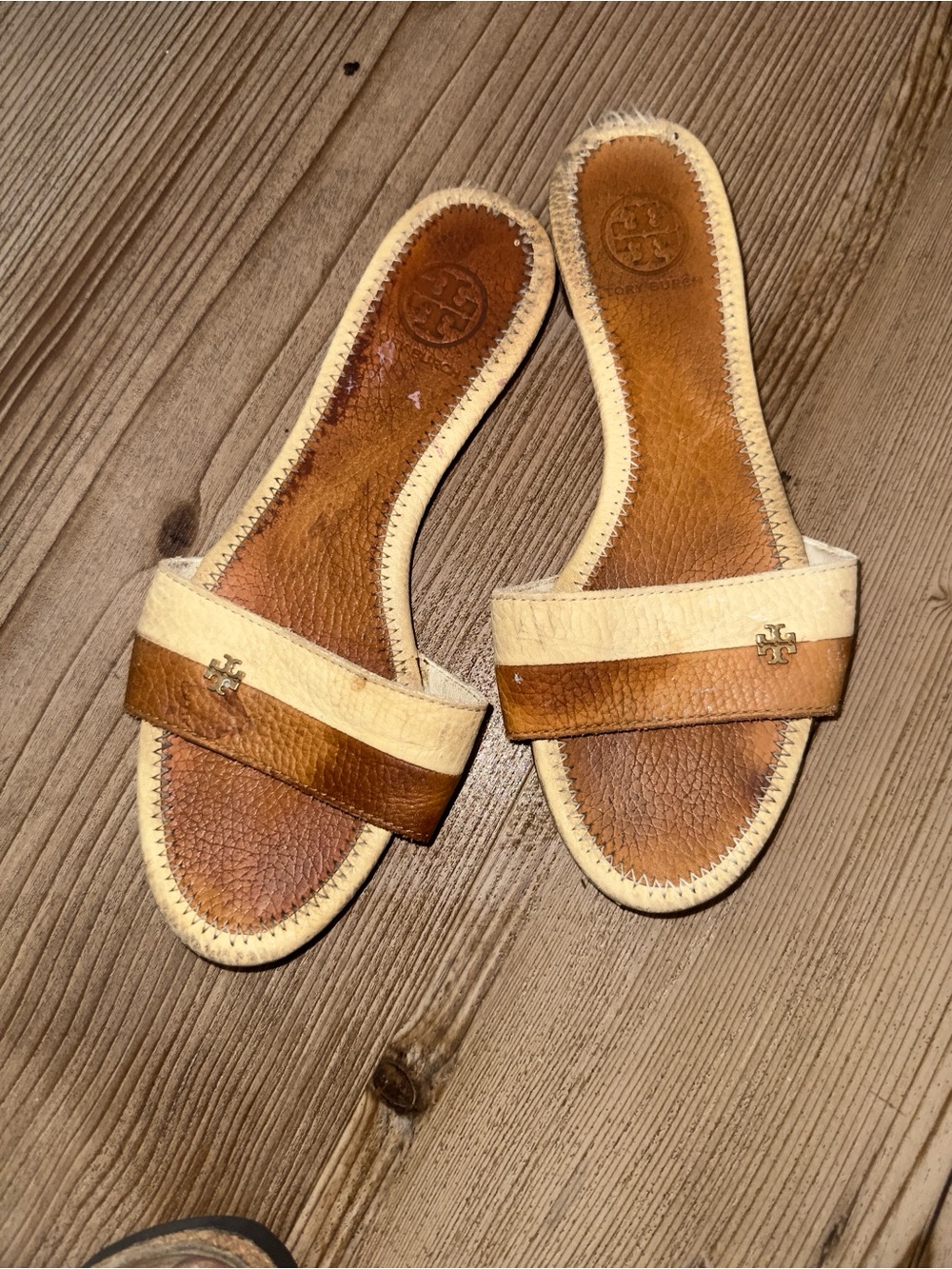 Tory Burch Two-Tone Tan and Cream Leather Slide Sandals